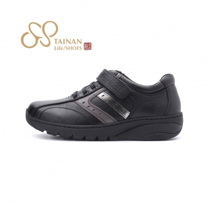 地之柏 魔鬼氈側方條真皮休閒鞋 黑 男鞋