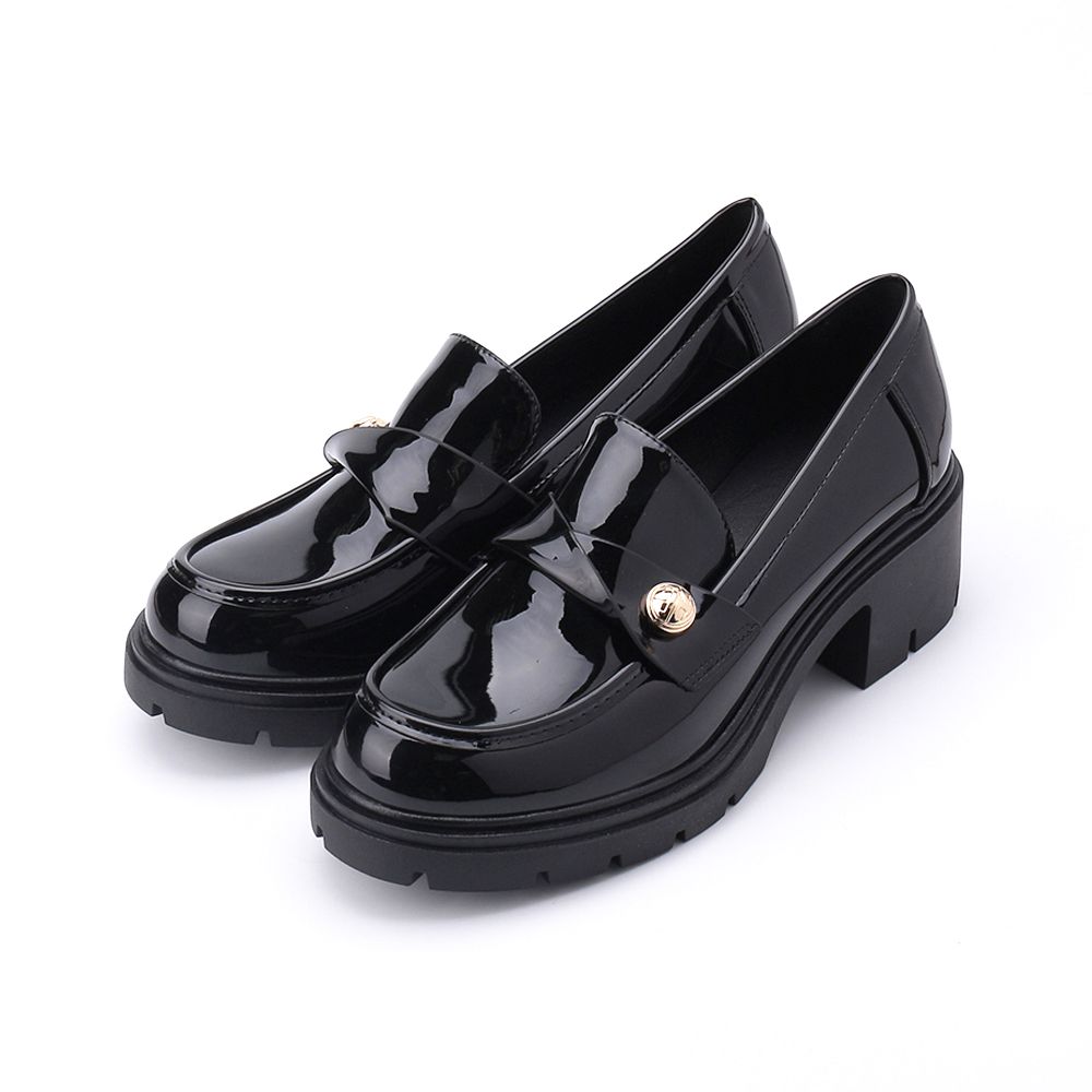 LUZZI 圓釦鑽跟鞋黑女鞋- 鞋全家福