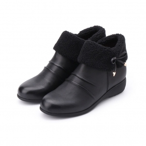 LUZZI 毛領蝴蝶結拉鍊短靴 黑 女鞋